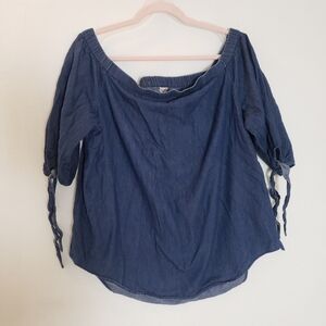 Blue Cotton Off-Shoulder Chambray Top 3/4 Sleeve Tie Cuffs Elastic Boat Neck